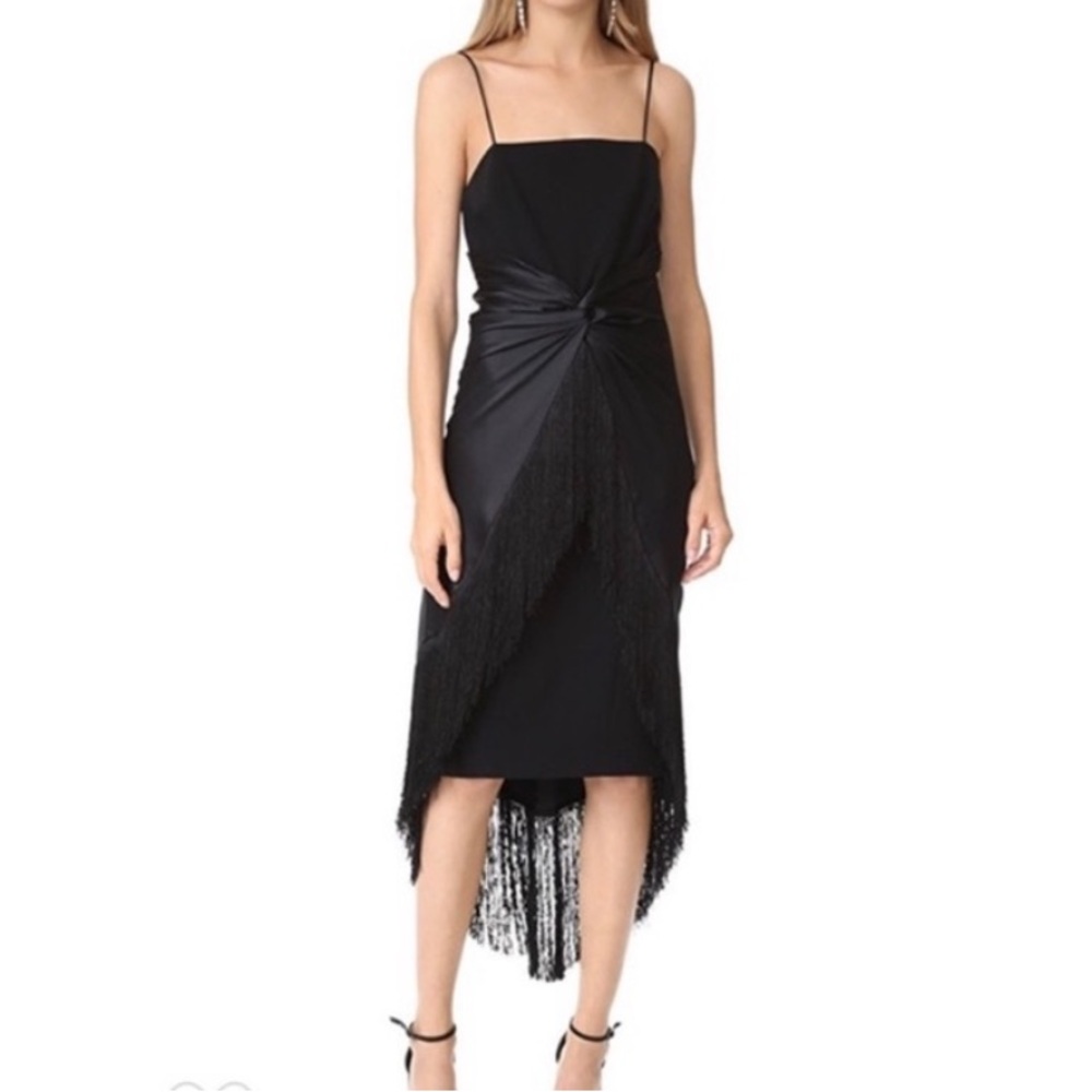 CINQ A SEPT BLACK MIDI DRESS. Fringe details.